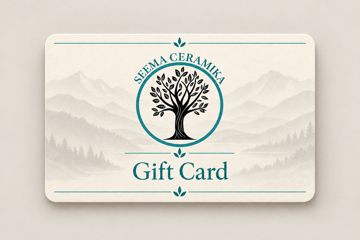 Seema Ceramika gift card with light gray mountain scenery